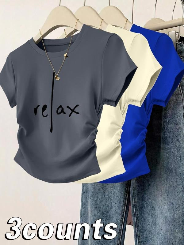 Women's Letter Print Tee, Casual Short Sleeve Crew Neck T-shirt for Daily Wear, Ladies Clothes for All Seasons, Top...