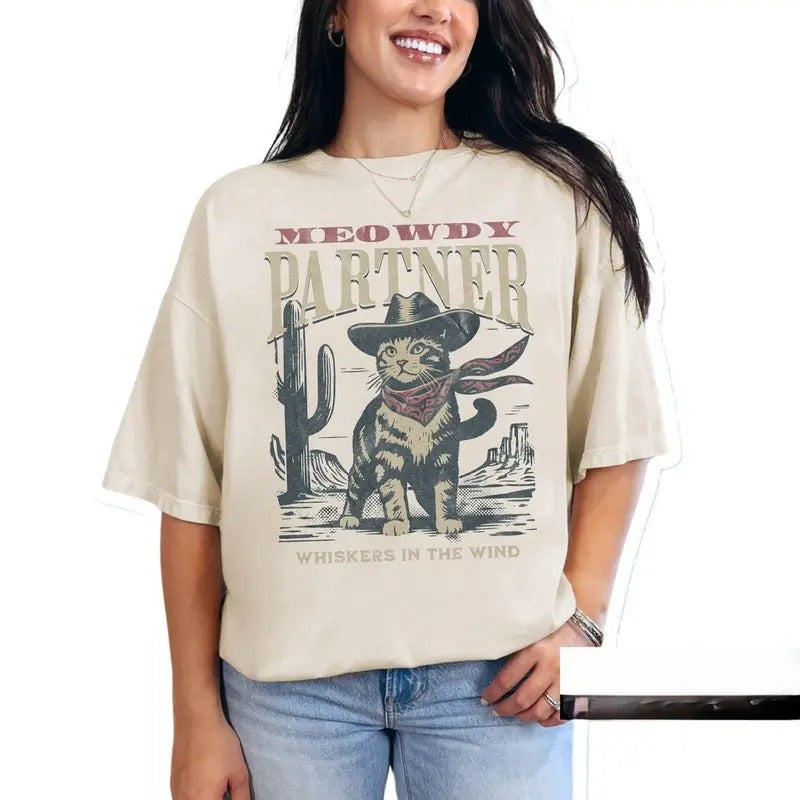Women's Meowdy Partner Cowboy Cat Shirt, Vintage Cowboy Cat Shirt Cotton Womenswear Hoodie, Sweatshirt | TeeBloomCo.com