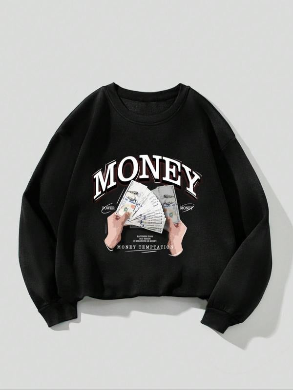 Women's Money Graphic Drop Shoulder Sweatshirt, Round Neck Long Sleeve Pullover, Casual Crew Neck Top for Fall Winter...