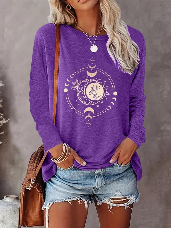 Women's Moon Print Round Neck Tee, Casual Long Sleeve Crew Neck T-shirt for Fall & Winter, Women's Top for Daily Wear...