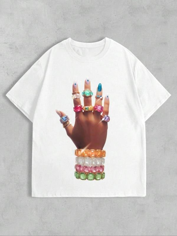 Women's Multicolor Hand Print Drop Shoulder Tee, Fashion Casual Crew Neck T-shirt for Daily Holiday Vacation Outdoor...