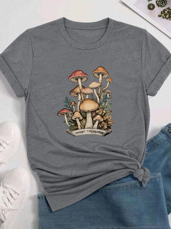Women's Mushroom Print Round Neck Tee, Casual Short Sleeve Crew Neck T-shirt for Daily Wear, Ladies Clothes for All...