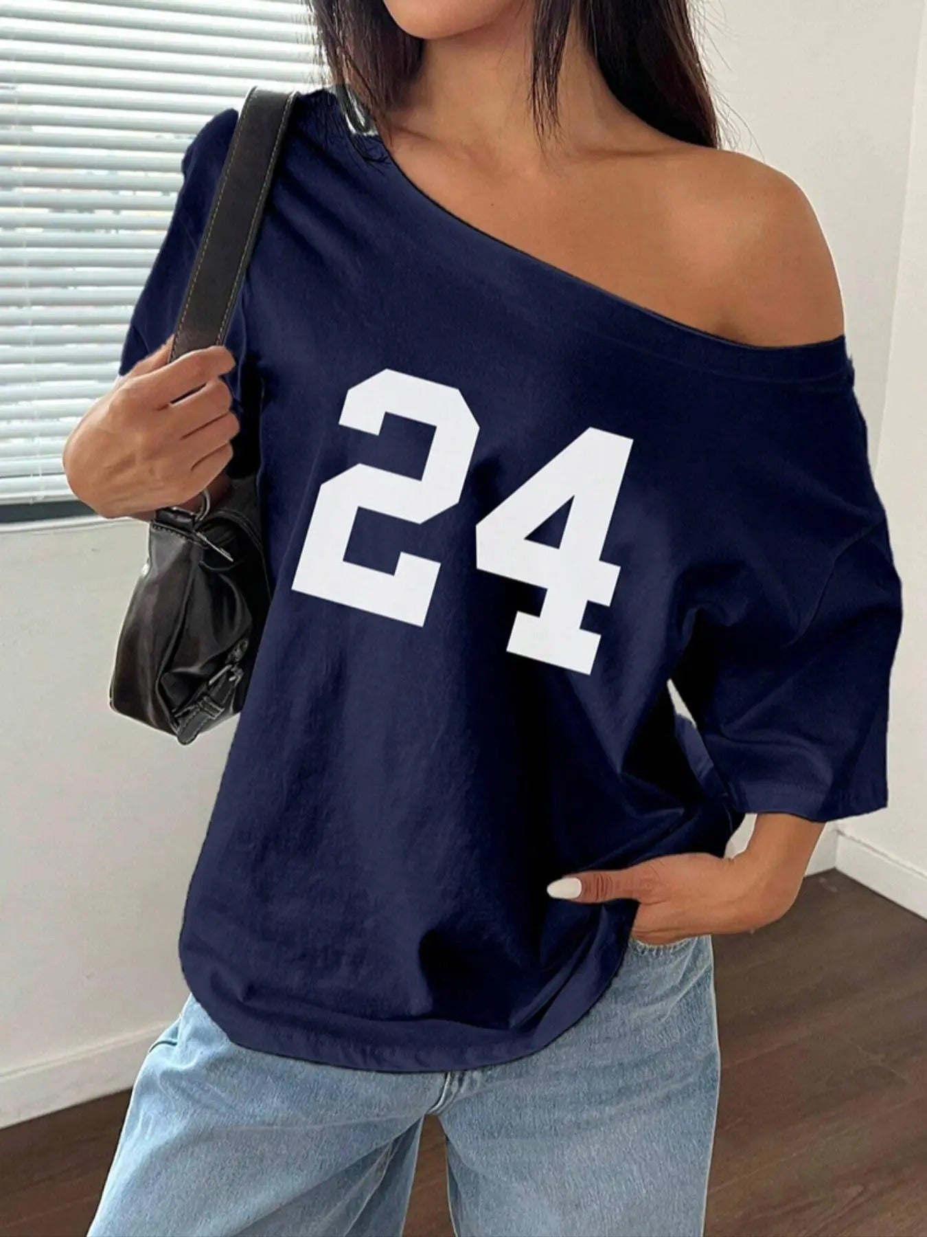 Women's Number Print Round Neck Tee, Casual Off Shoulder Short Sleeve T-shirt for Summer, Ladies Clothes for Daily Wear...
