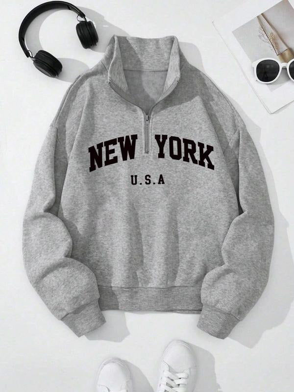Women's Plain Print Half Zip Up Pullover Sweatshirt, 1 Count Casual Long Sleeve Hooded Sweatshirt for Fall & Winter,...