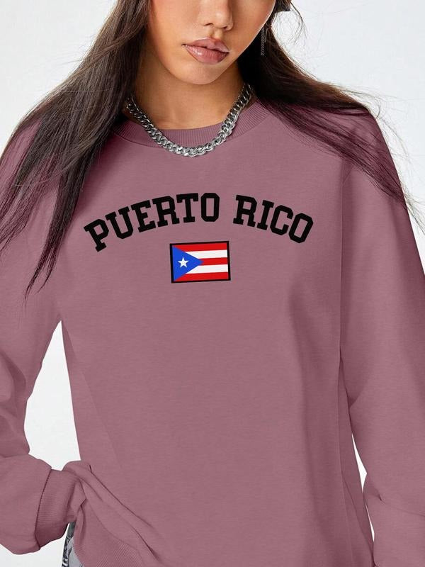 Women's Puerto Rico Flag & Letter Print Drop Shoulder Sweatshirt, Casual Long Sleeve Round Neck Pullover for Fall &...