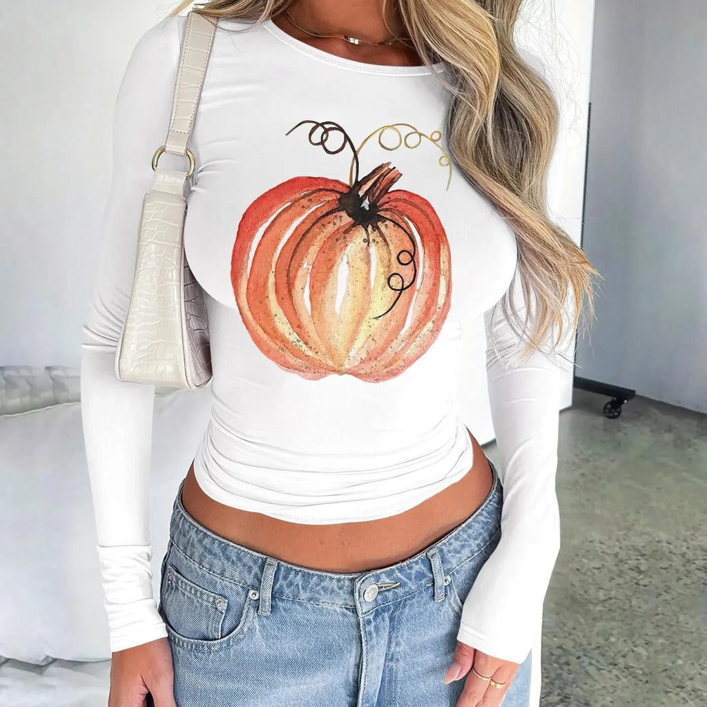Women's Pumpkin Print Round Neck Tee, Halloween Casual Long Sleeve Crew Neck T-shirt for Fall & Winter, Women's Top for...
