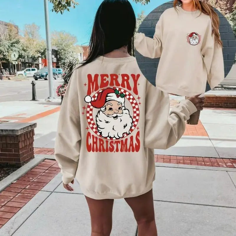 Women's Santa Claus & Letter Print Thermal Lined Sweatshirt, Casual Long Sleeve Round Neck Pullover for Fall & Winter,...
