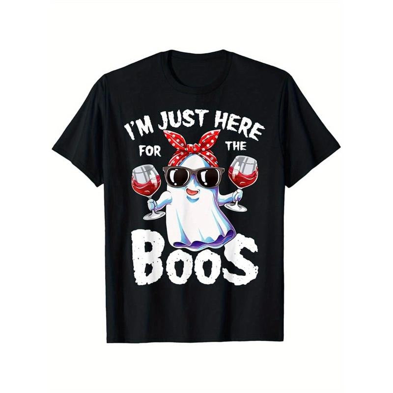 I'm Just Here For The Boos Halloween Women Ghost Cute Funny T-Shirt Funny Dog Gift T-Shirt Print Crew Neck Men T-Shirt...