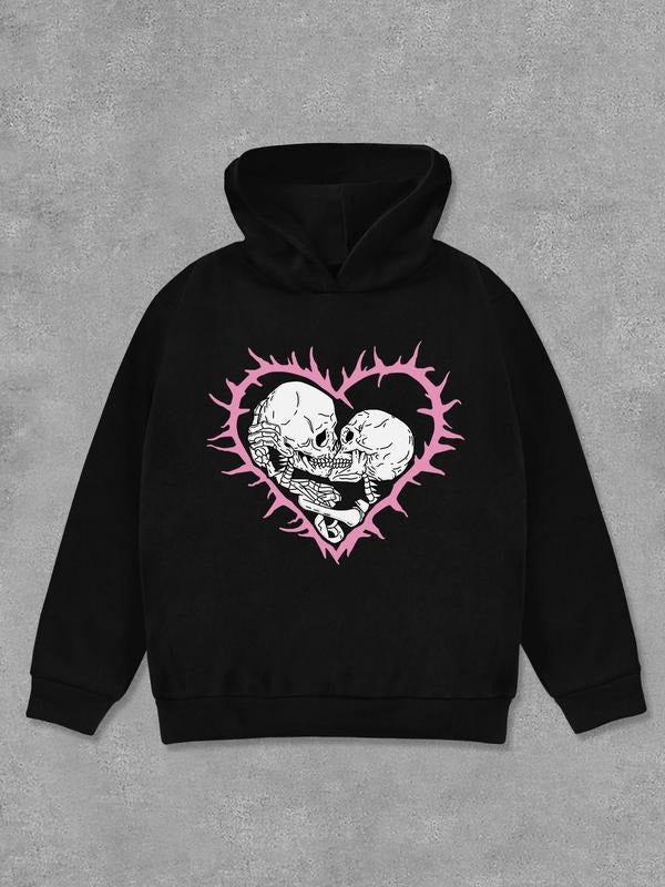 Women's Skull & Heart Print Drop Shoulder Hoodie, Fashion Casual Hooded Sweatshirt for Halloween Daily Holiday Outdoor...