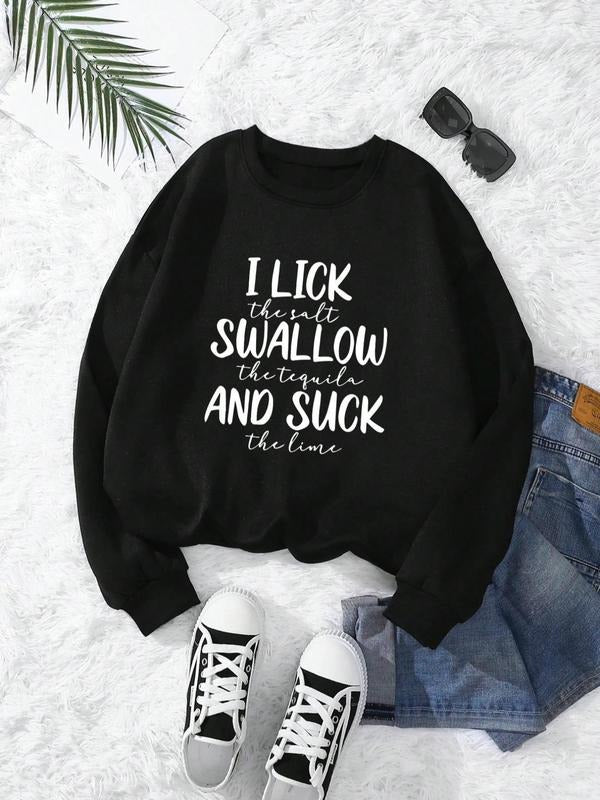 Women's Slogan Graphic Drop Shoulder Round Neck Pullover, Comfort Crewneck Long Sleeve Womenswear, Fashion Casual Crew...