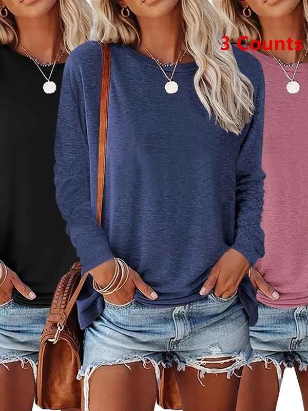 Women's Solid Long Sleeve Tee, Casual Fashion Round Neck T-shirt for Fall & Winter, Women's Top for Daily Wear Hoodie,...