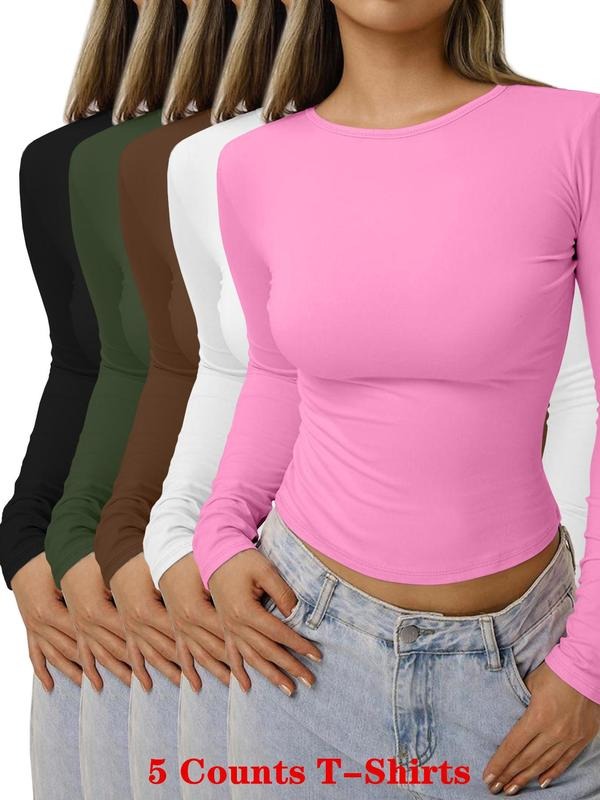 Women's Solid Round Neck Tee, Casual Long Sleeve T-shirt for Daily Wear, Ladies Clothes for All Seasons Hoodie, Sweatshirt