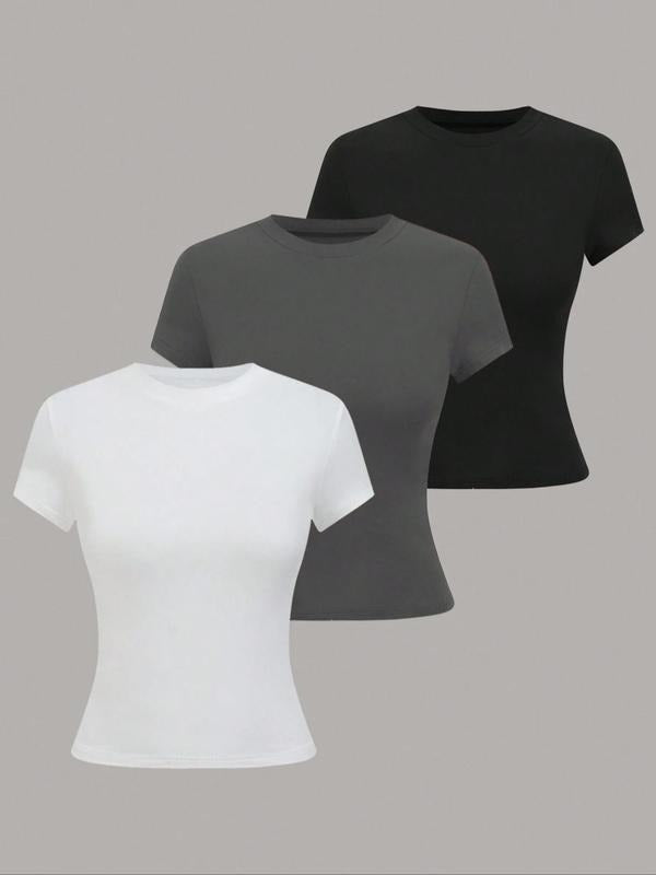 Women's Solid Round Neck Tee, Casual Short Sleeve Crew Neck T-shirt for Summer, Ladies  Clothes for Daily Wear Hoodie,...