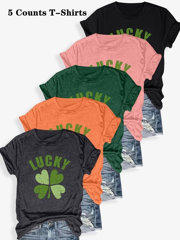 Women's St Patrick's Day Letter & Clover Print Round Neck Tee, Casual Short Sleeve T-shirt for Summer, Ladies Clothes for...