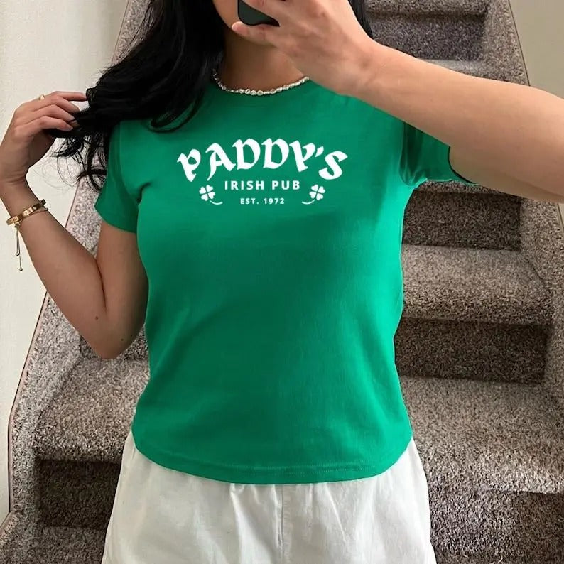 Women's St Patrick's Day Pub Logo Baby Tee, Shamrock Design, Irish Party Shirt, Cool Girl Saint Pattys Day Party Baby Tee...