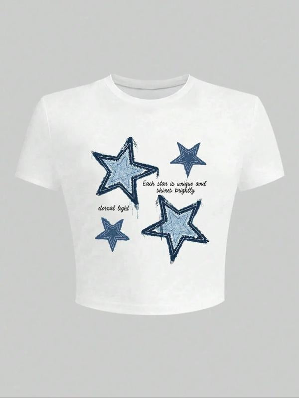 Women's Star Print Round Neck Crop Tee, Fashion Casual Crew Neck Short Sleeve T-Shirt for Daily Holiday Vacation Outdoor...