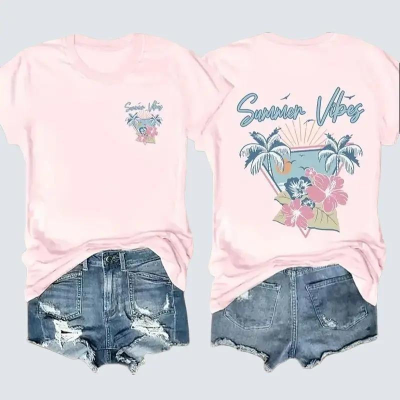 Women's Summer Vibes Graphic T-Shirt, Casual Crew Neck Polyester Knit Top, Short Sleeve Regular Length Floral Print Tee...