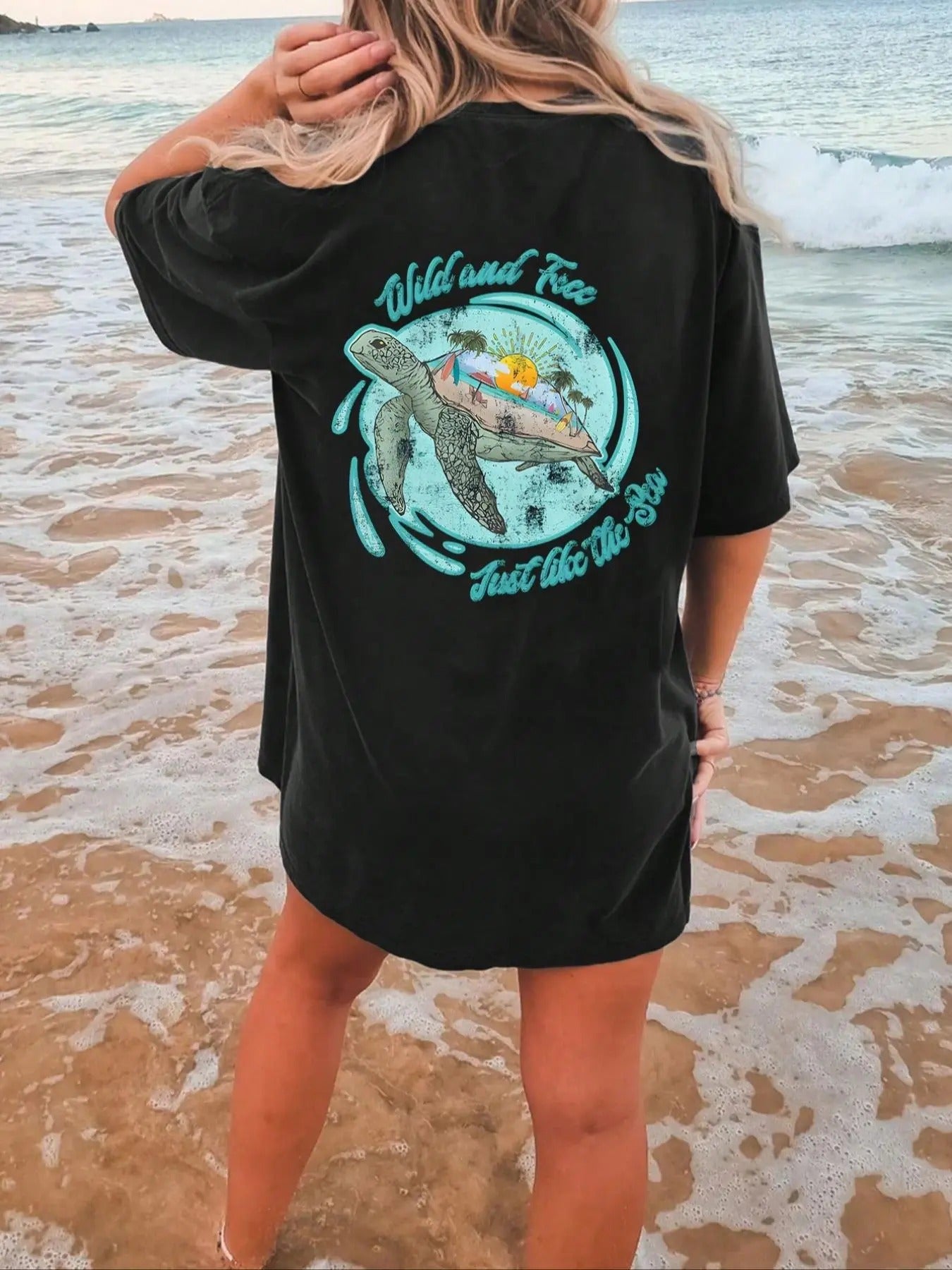 Women's Turtle & Letter Print Drop Shoulder Tee, Casual Half Sleeve Round Neck T-shirt, Ladies Summer Clothes for Beach...