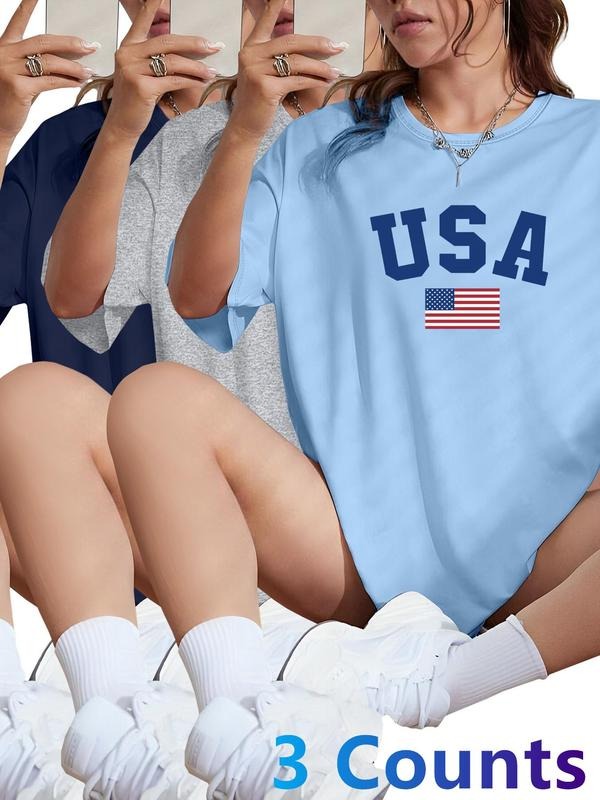 Women's USA Flag & Letter Print Round Neck Tee, Casual Short Sleeve Crew Neck T-shirt for Daily Wear, Ladies Clothes for...