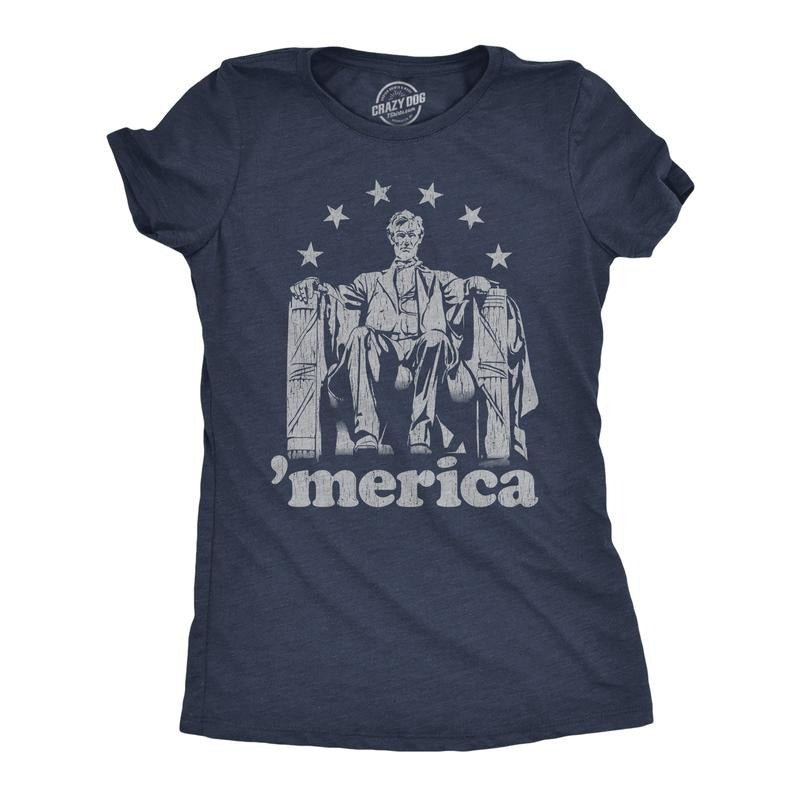 Womens Abe Lincoln 'Merica T Shirt Funny 4th of July USA Patriotic Graphic Novelty Tee Funny Womens T Shirts Cute...