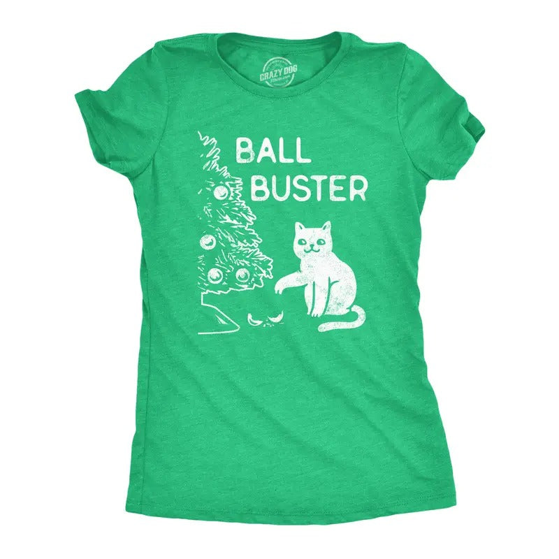 Womens Ball Buster T Shirt Funny Christmas Tree Cat Ornaments Graphic Tee Funny Womens T Shirts Cute Slimming Top...