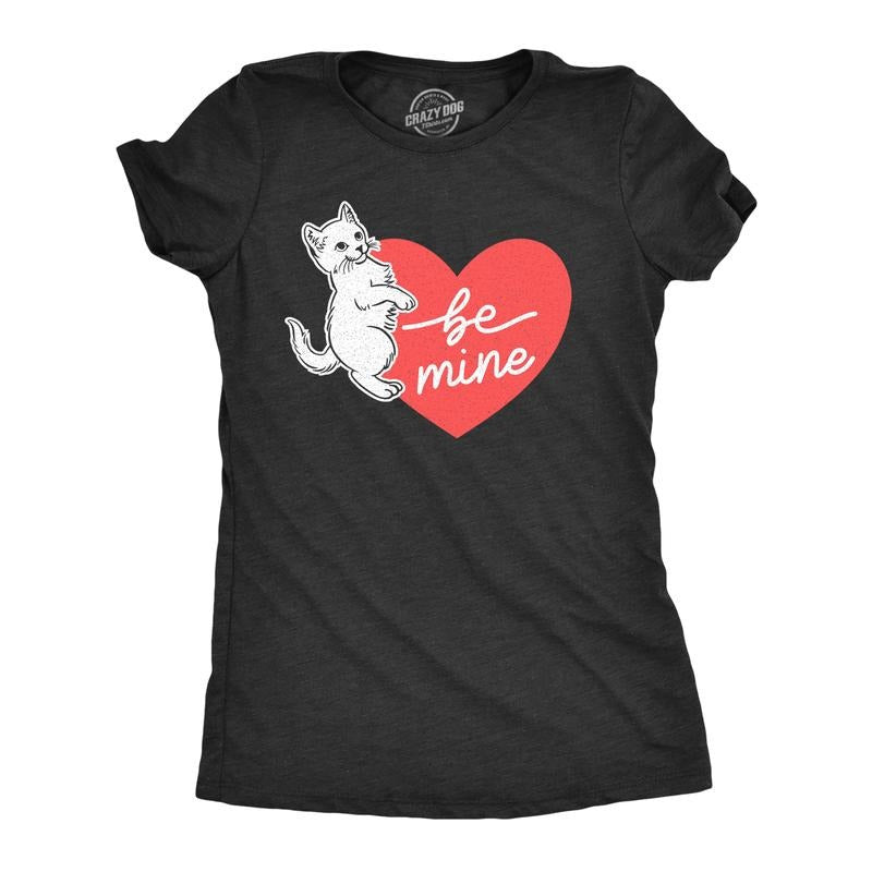 Womens Be Mine Cat T Shirt Cute Valentines Day Kitten Heart Graphic Novelty Tee Funny Womens T Shirts Cute Slimming Top...