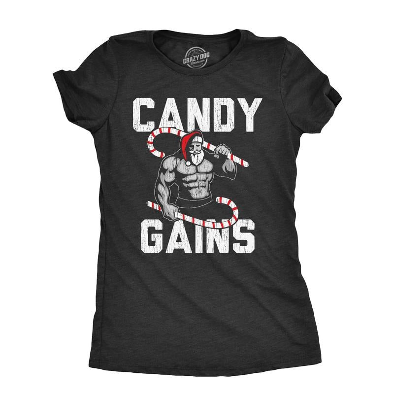 Womens Candy Gains T Shirt Funny Xmas Buff Ripped Santa Claus Workout Joke Tee For Ladies Funny Womens T Shirts Cute...