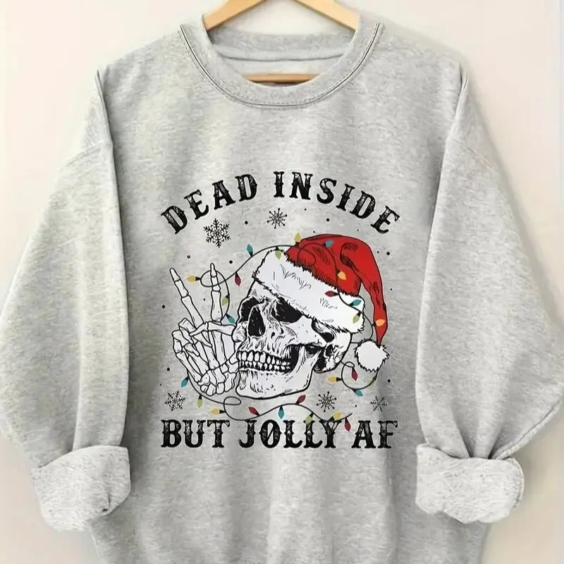 Womens Christmas Skull & Letter Print Long Sleeve Crew Neck Pullover Sweatshirt T-Shirts, Hoodie | TeeBloomCo.com