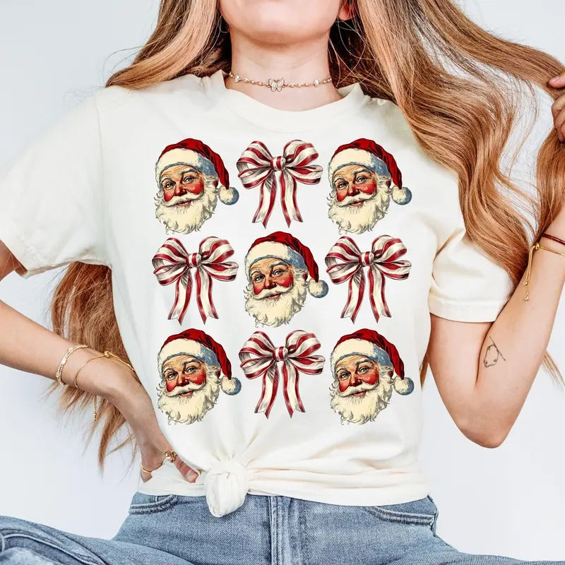 Womens Cute Santa Claus, Coquette Bows Christmas, Family Xmas V-Neck T-Shirt, Christmas Coquette Bow, Vintage Christmas...