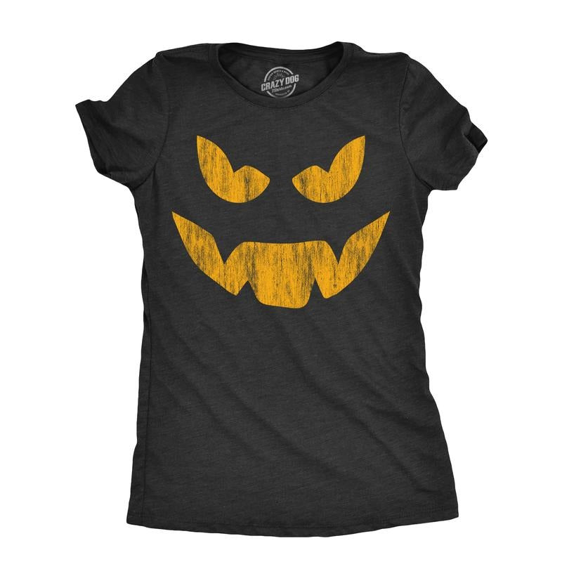 Womens Evil Eddie Pumpkin T Shirt Funny Halloween Jack O Lantern Dark Smile Tee For Ladies Funny Womens T Shirts Cute...