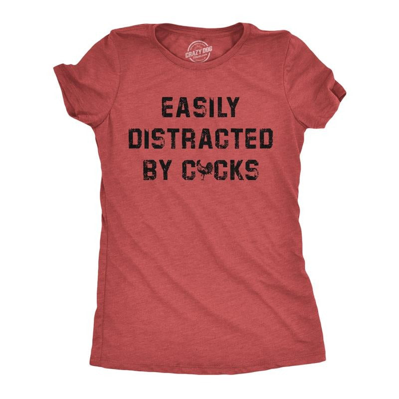 Womens Funny T Shirts Easily Distracted By Cocks Sarcastic Rooster Graphic Novelty Tee For Ladies Funny Womens T Shirts...