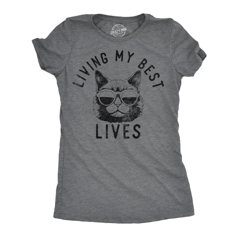 Womens Funny T Shirts Living My Best Lives Sarcastic Kitten Graphic Novelty Tee For Ladies Funny Womens T Shirts Cute...