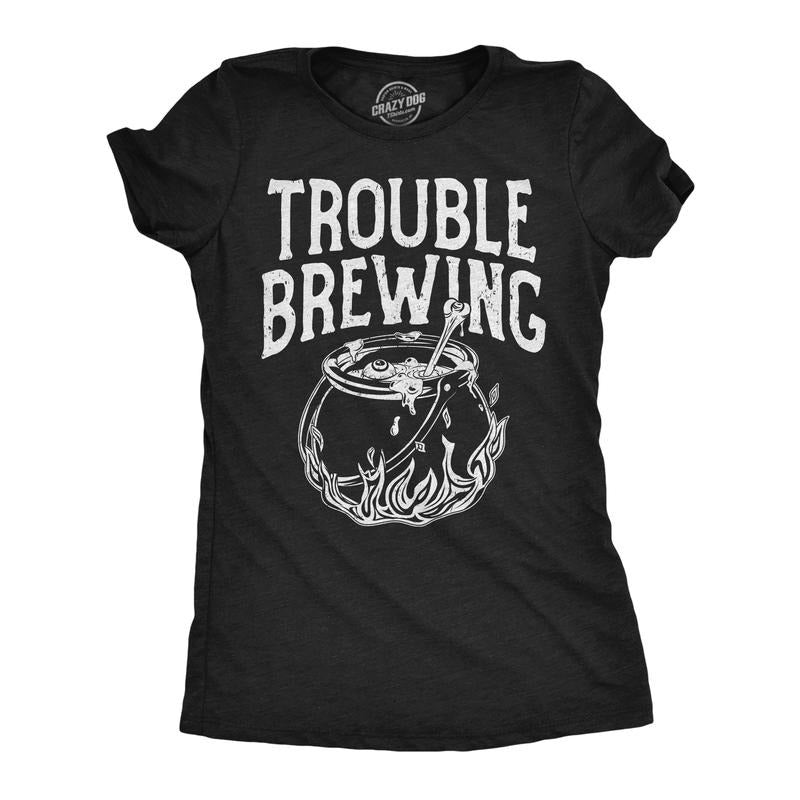 Womens Funny T Shirts Trouble Brewing Sarcastic Halloween Graphic Tee For Ladies Funny Womens T Shirts Cute Slimming Top...