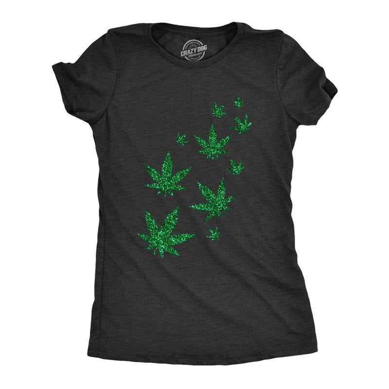 Womens Glitter Pot Leaves T Shirt Cute 420 Lovers Weed Leaf Graphic Novelty Pothead Top Hoodie, Sweatshirt | TeeBloomCo.com