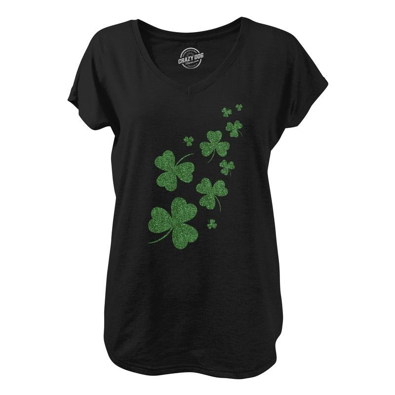 Womens Glitter Shamrocks V-Neck Funny Saint Patricks Day Shamrock Clover Shirt for Ladies Funny Shirts for Women Saint...