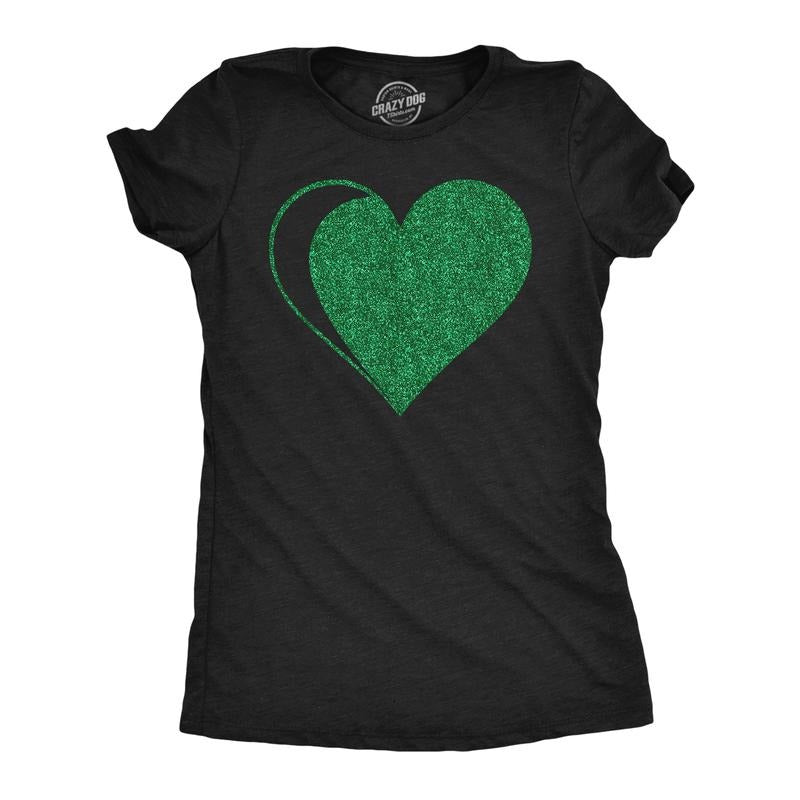 Womens Green Glitter Heart Funny St Patricks Day T Shirt For Ladies Funny Womens T Shirts Cute Slimming Top Comfortable...