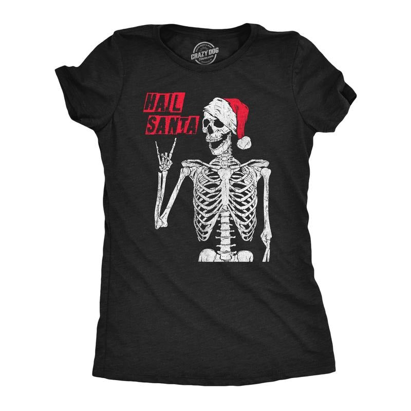 Womens Hail Santa T Shirt Funny Xmas Skeleton Metal Horns Joke Tee For Ladies Funny Womens T Shirts Cute Slimming Top...
