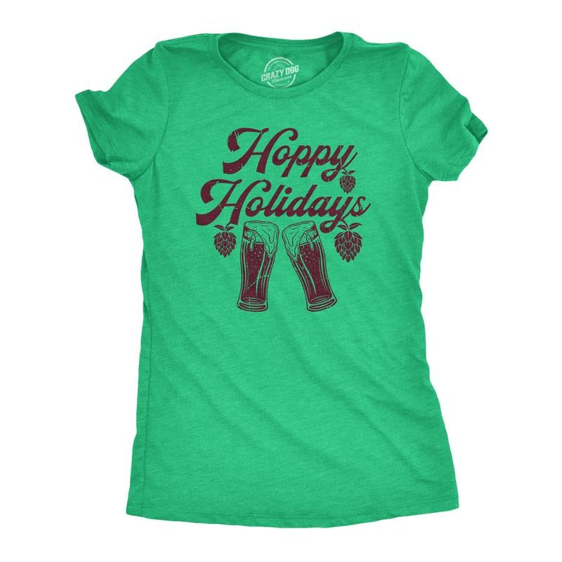 Womens Hoppy Holidays T Shirt Funny Xmas Beer Drinking Pint Glass Hops Tee For Ladies Funny Womens T Shirts Cute Slimming...