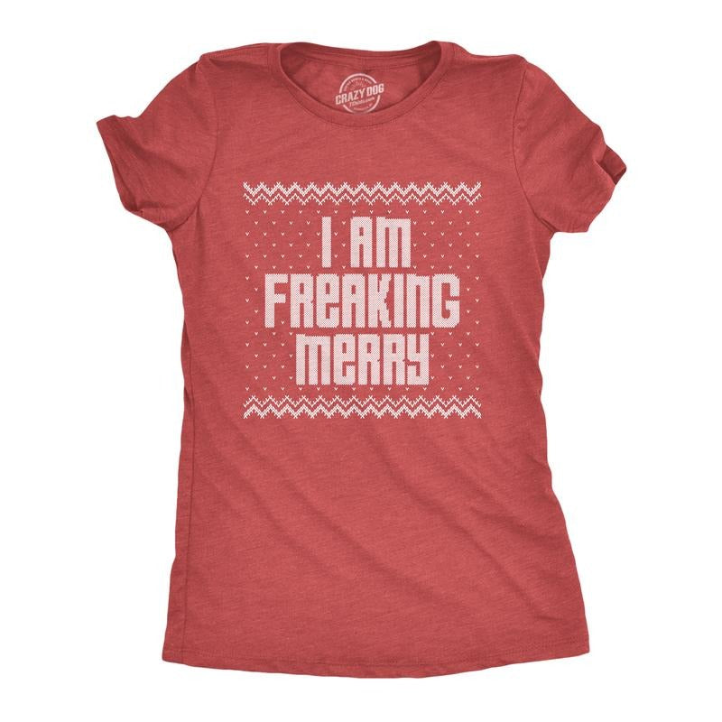 Womens I Am Freaking Merry T Shirt Funny Christmas Spirit Holiday Party Graphic Tee Funny Womens T Shirts Cute Slimming...
