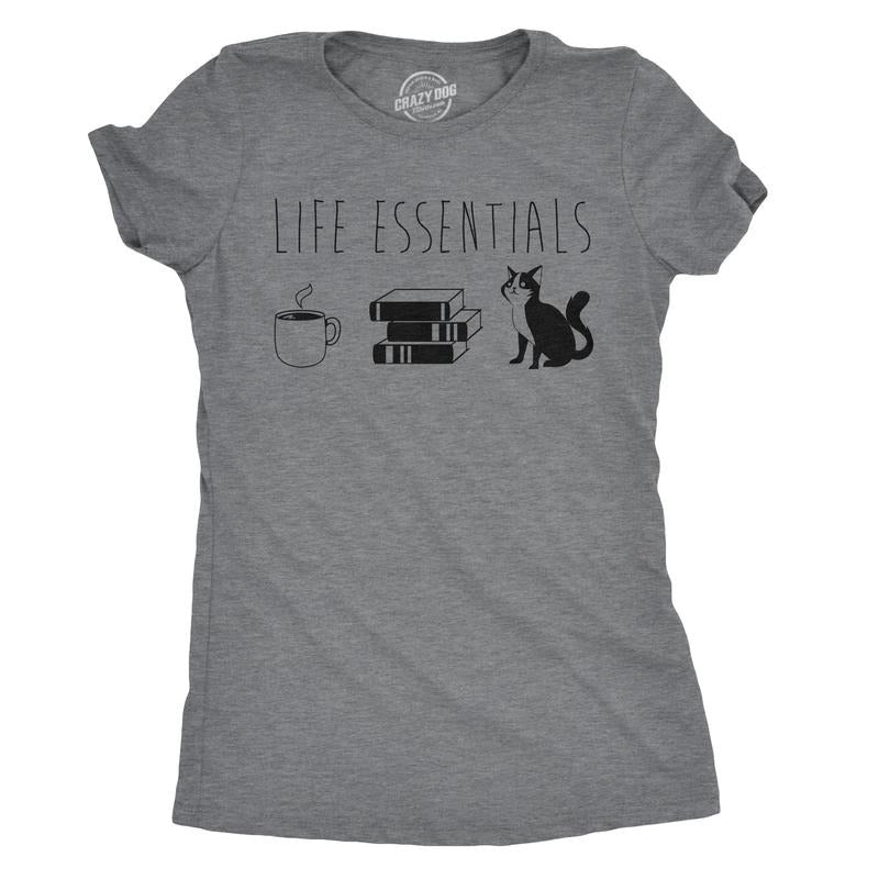 Womens Life Essentials T shirt Funny Coffee Cat Mom Lover Cute Graphic Ladies Funny Womens T Shirts Cute Slimming Top...