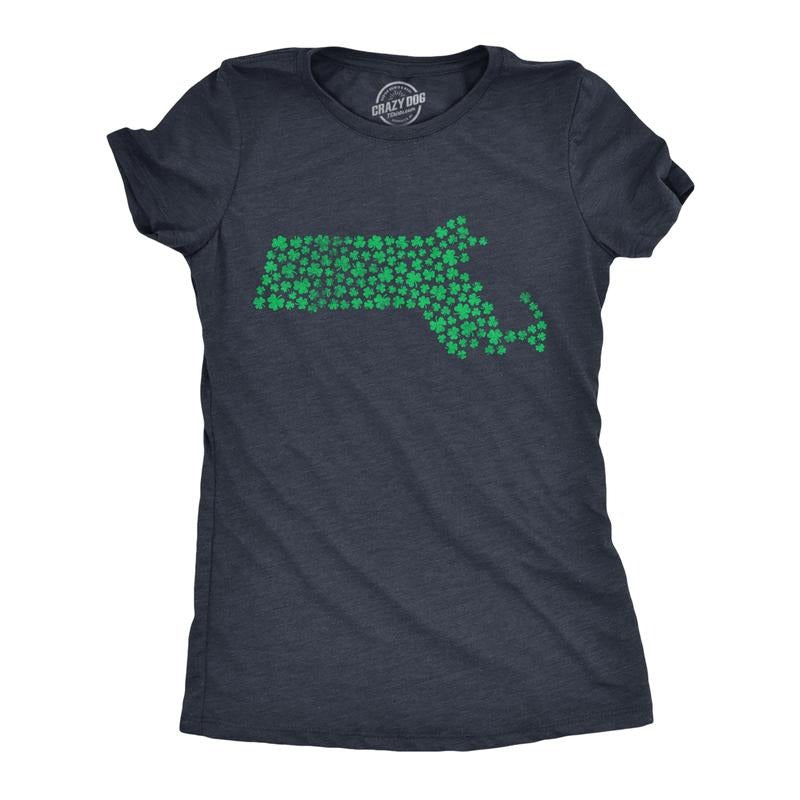 Womens Massachusetts State Clovers T Shirt Funny St Pattys Day Parade Four Leaf Shamrock Tee For Ladies Funny Womens T...