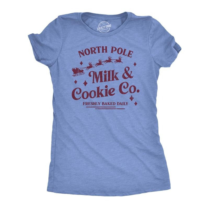 Womens North Pole Milk And Cookie Co T Shirt Funny Xmas Bakery Shop Joke Tee For Ladies Funny Womens T Shirts Cute...