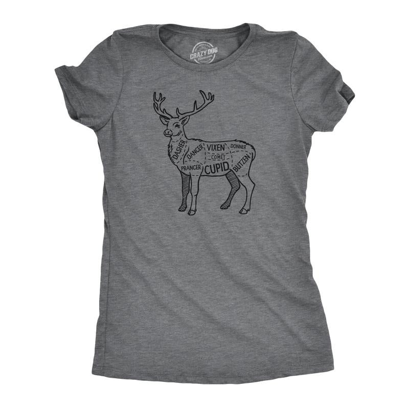 Womens Reindeer Meat Cuts T Shirt Funny Xmas Deer Hunter Butcher Joke Tee For Ladies Funny Womens T Shirts Cute Slimming...