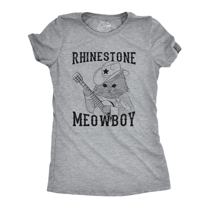 Womens Rhinestone Meowboy T Shirt Funny Cute Kitten Cowboy Novelty Tee For Ladies Funny Womens T Shirts Cute Slimming Top...