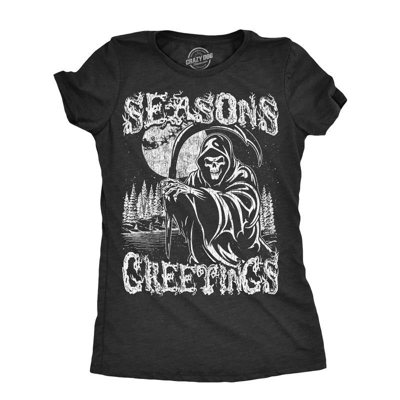 Womens Seasons Greetings T Shirt Funny Xmas Scary Grim Reaper Joke Tee For Ladies Funny Womens T Shirts Cute Slimming Top...
