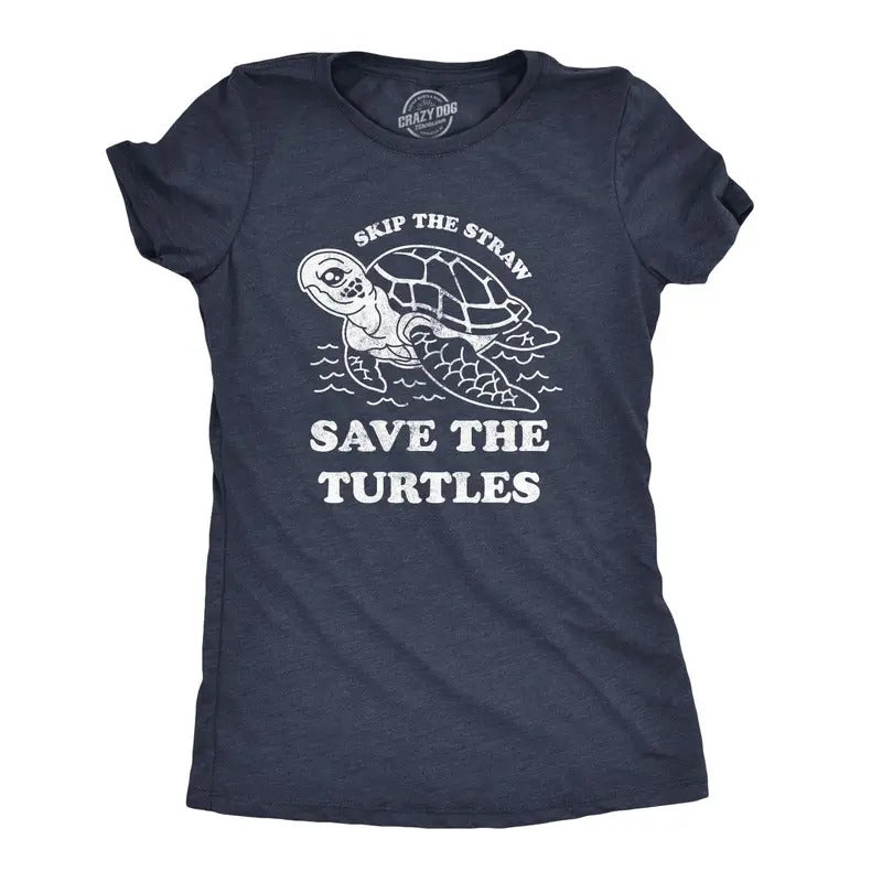 Womens Skip The Straw Save The Turtles T Shirt Environmental Awareness Tee Funny Womens T Shirts Cute Slimming Top...