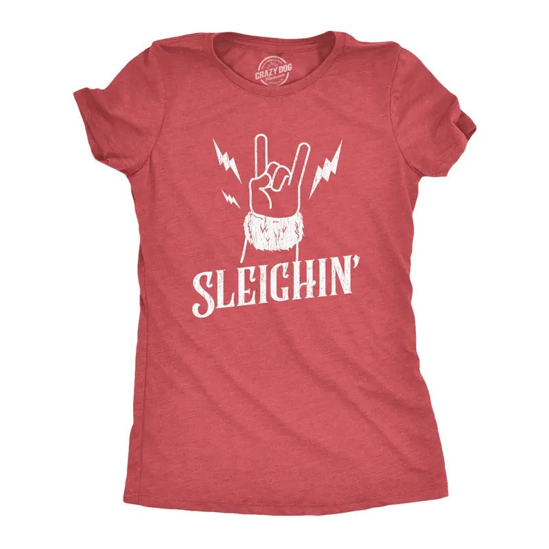 Womens Sleighin T Shirt Funny Santa Claus Christmas Rock and Roll Metal Fingers Graphic Tee Funny Womens T Shirts Cute...