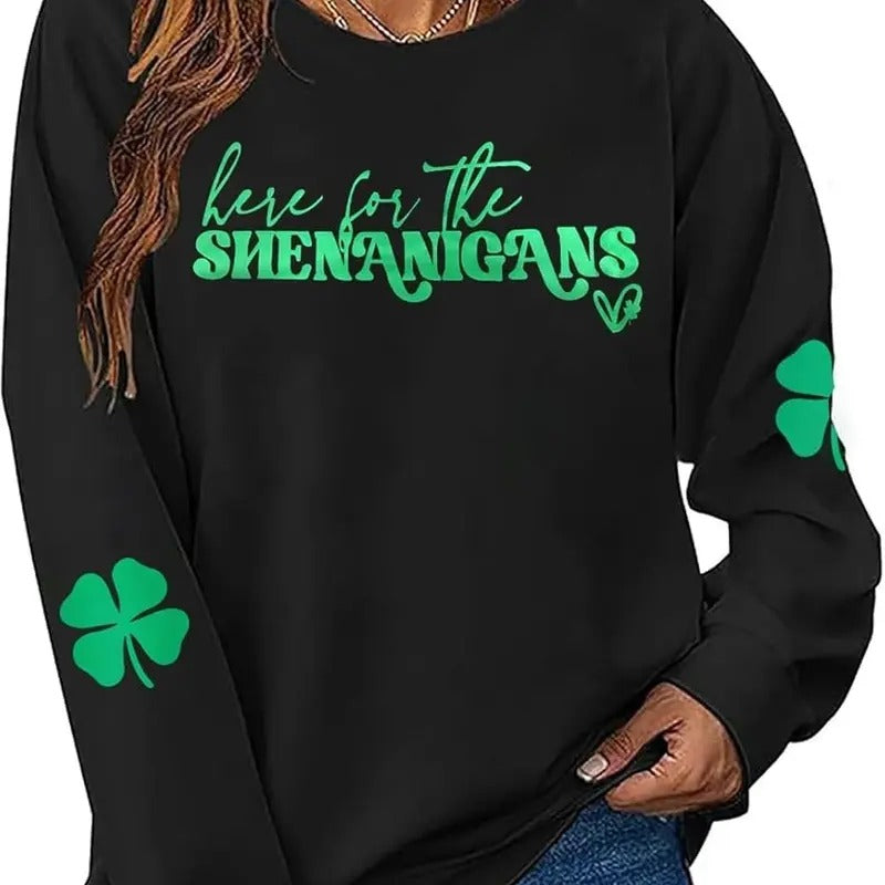 Womens St Patrick's Day Sweatshirt Shenanigans Coordinator Shirt Shamrock Clover Printed Long Sleeve Pullover Tops Hoodie
