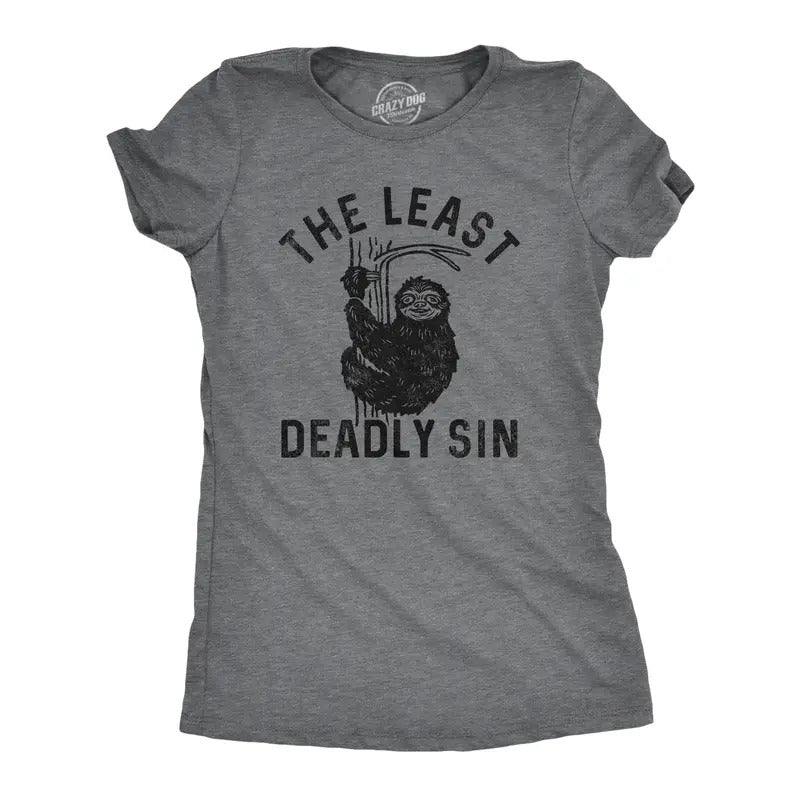 Womens The Least Deadly Sin T Shirt Funny Lazy Sloth Joke Tee For Ladies Funny Womens T Shirts Cute Slimming Top...