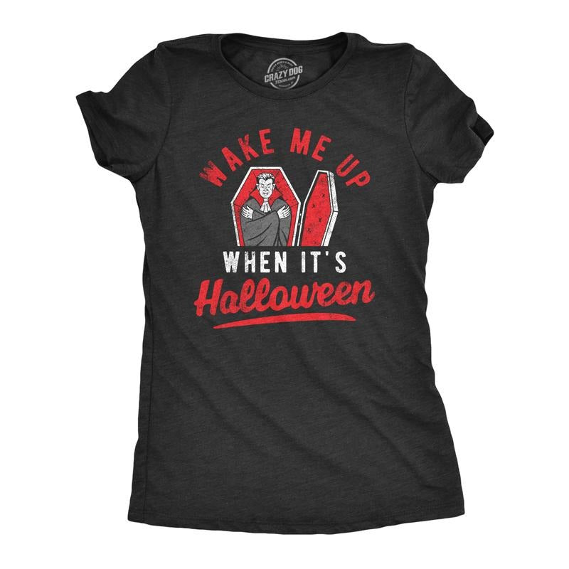 Womens Wake Me Up When Its Halloween T Shirt Funny Vampire Spooky Season Lover Tee For Ladies Funny Womens T Shirts Cute...